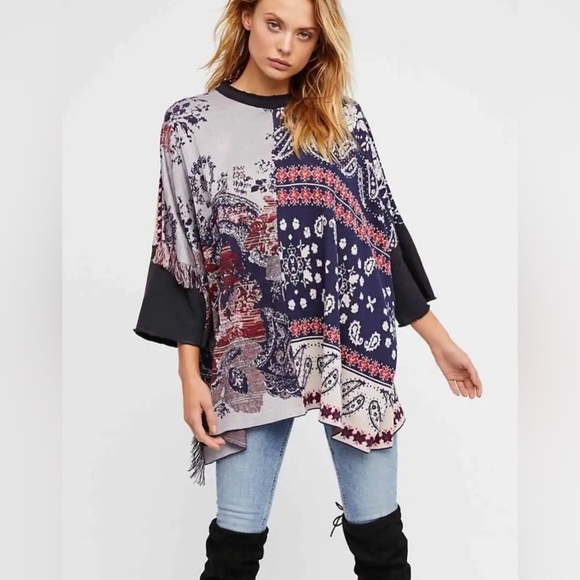 FREE PEOPLE Sz M/L PIECED W/PAISLEY FRINGED PONCHO SWEATER TUNIC PURPLE - Picture 1 of 15